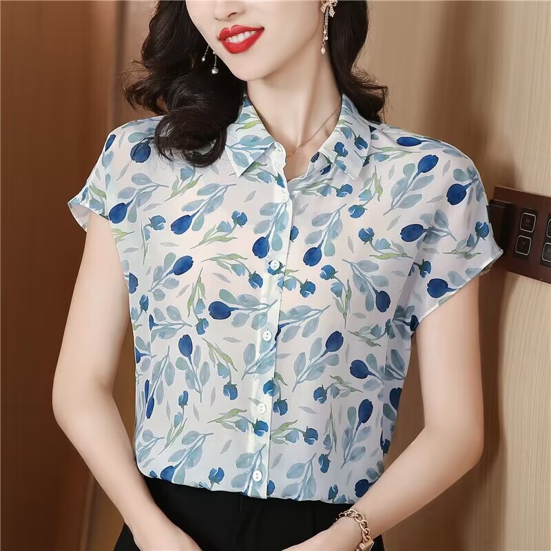 MY14578# 雪纺碎花polo领衬衫女夏季气质休闲印花单排扣短袖衬衣桑...