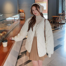 韩版短款加厚小个子宽松时尚港风学生羽绒棉面包服菱格外套女中长