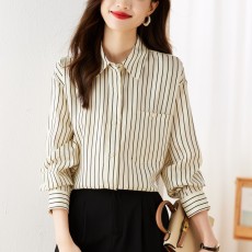批发实拍条纹长袖衬衫女2025春季新款印花翻领落肩休闲宽松薄款上衣
