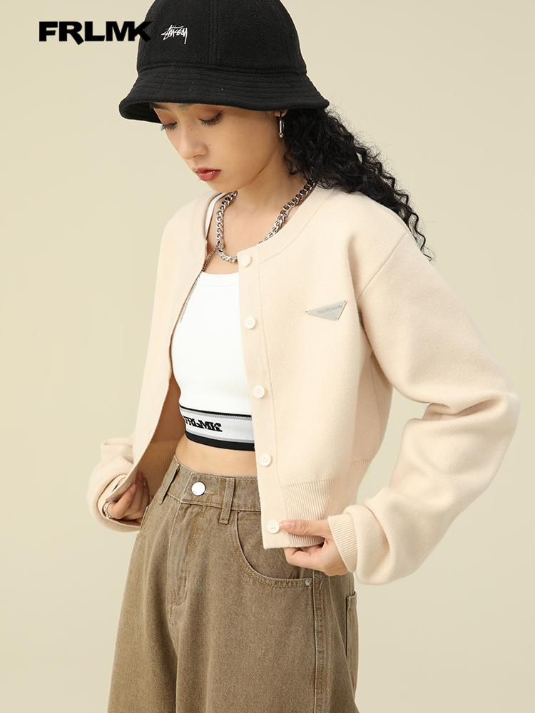 FRLMK/Frank/Guochao brand autumn hip-hop couple ins short wool knitted loose top cardigan jacket