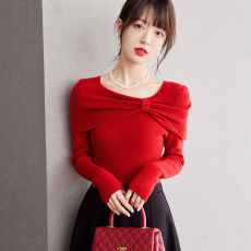 批发实拍◆◆2024小心机红色露锁骨蝴蝶结女秋冬毛衣针织衫上衣