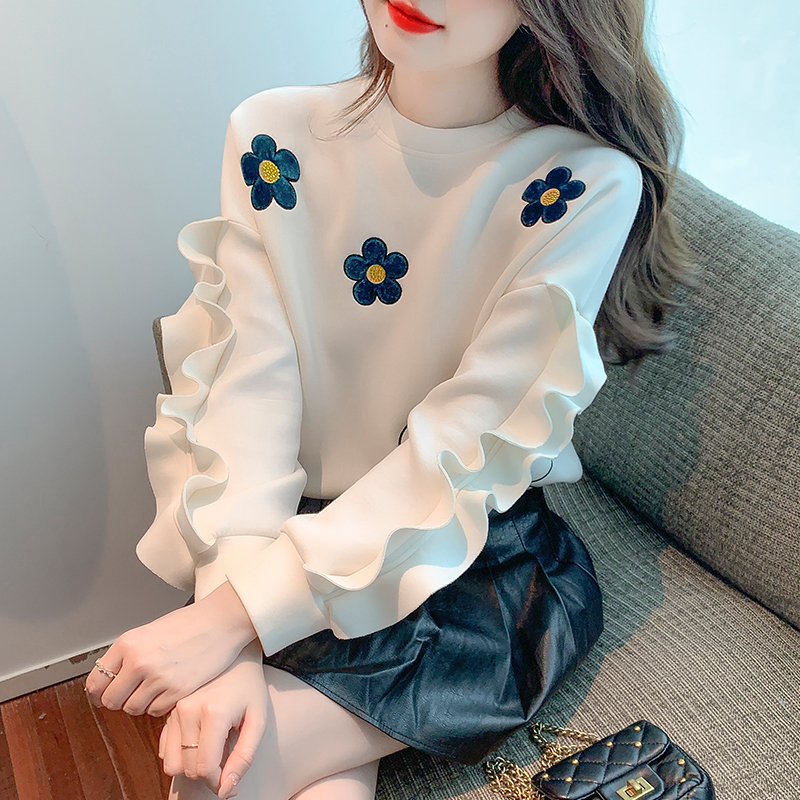 MY13955# 女装新款减龄宽松木耳边拼接印花白色卫衣女裝貨源服裝批發