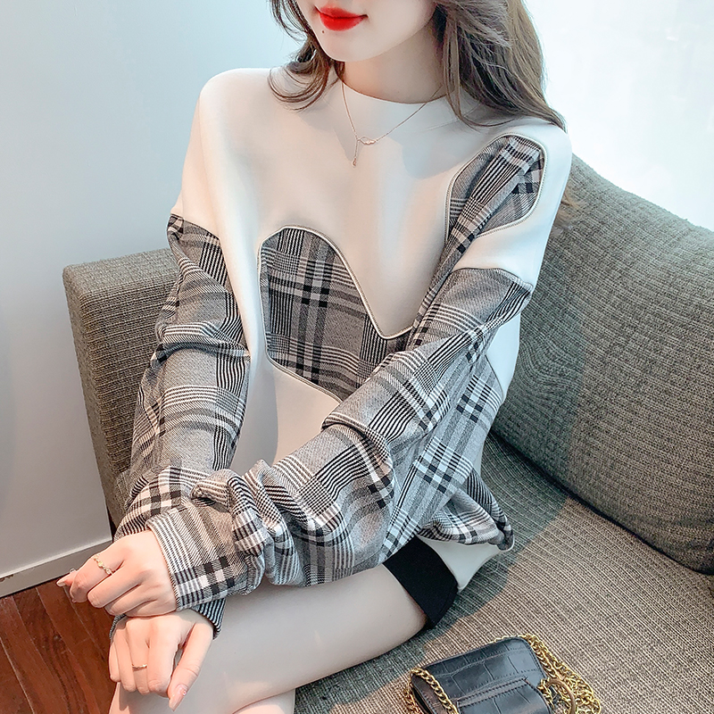MY13954# 设计感格子拼接白色小熊圆领卫衣新款高级感上衣女裝貨源服裝...