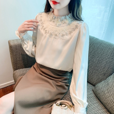 实拍2023秋装新款针织拼接雪纺衫女装长袖木耳边立领衬上衣女