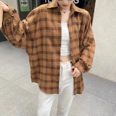 批发实拍韩版春新款经典格子灯笼袖宽松格子衬衫原宿风休闲懒惰衬衣女