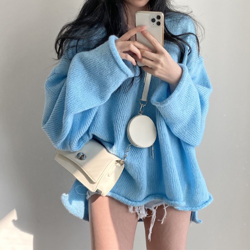 한국 chic 봄 새로운 레트로 루즈핏 느긋한 바람 V넥 볼륨 측면 트임 패션 풀오버 연령 감소 스웨터 여자