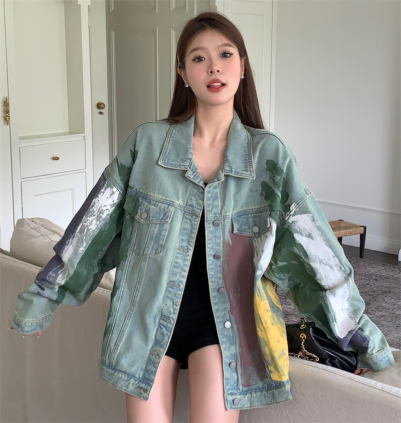 실사 정가 마 오래된 데님 재킷 한국 스타일 워싱 아메리칸 레트로 루즈핏 낙서 배색 높음 거리 의류