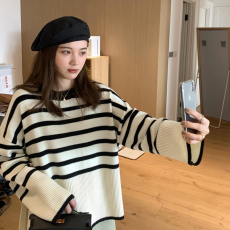 批发韩国条纹针织衫女含羊毛秋季新款复古慵懒风外穿软糯套头宽松毛衣