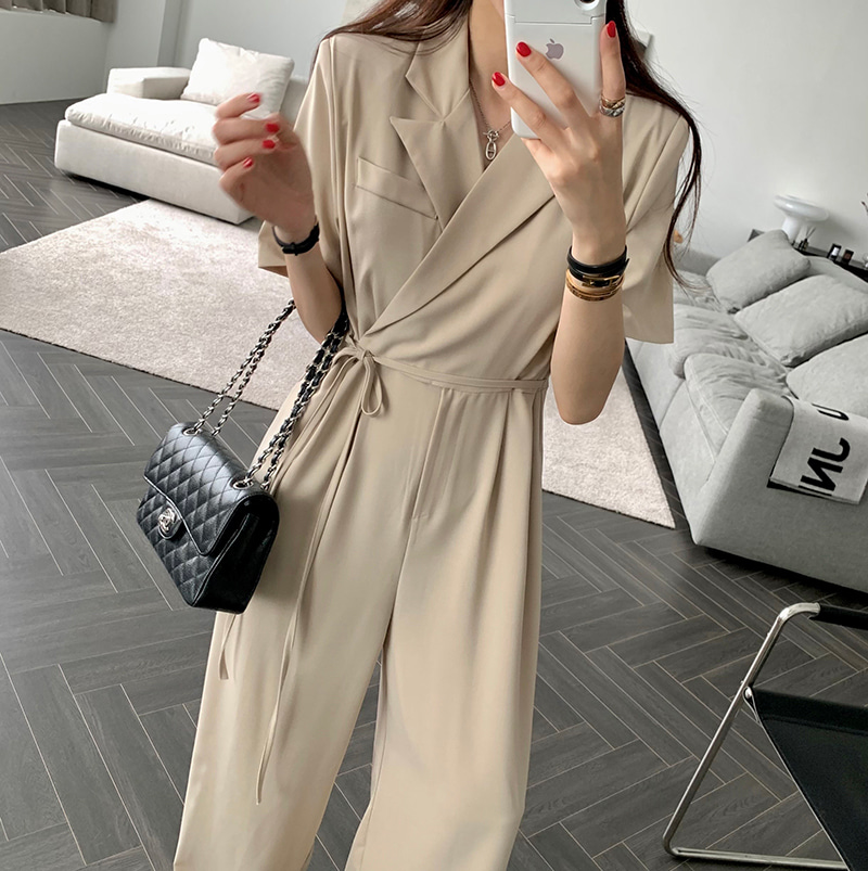 있음 선적 레트로 폴로 칼라 허리 수축 레이스업 올인원 바지