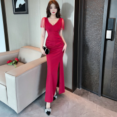 批发实拍2026夜店烫钻连衣裙性感夜总会佳丽晚礼服气质v领开叉长裙