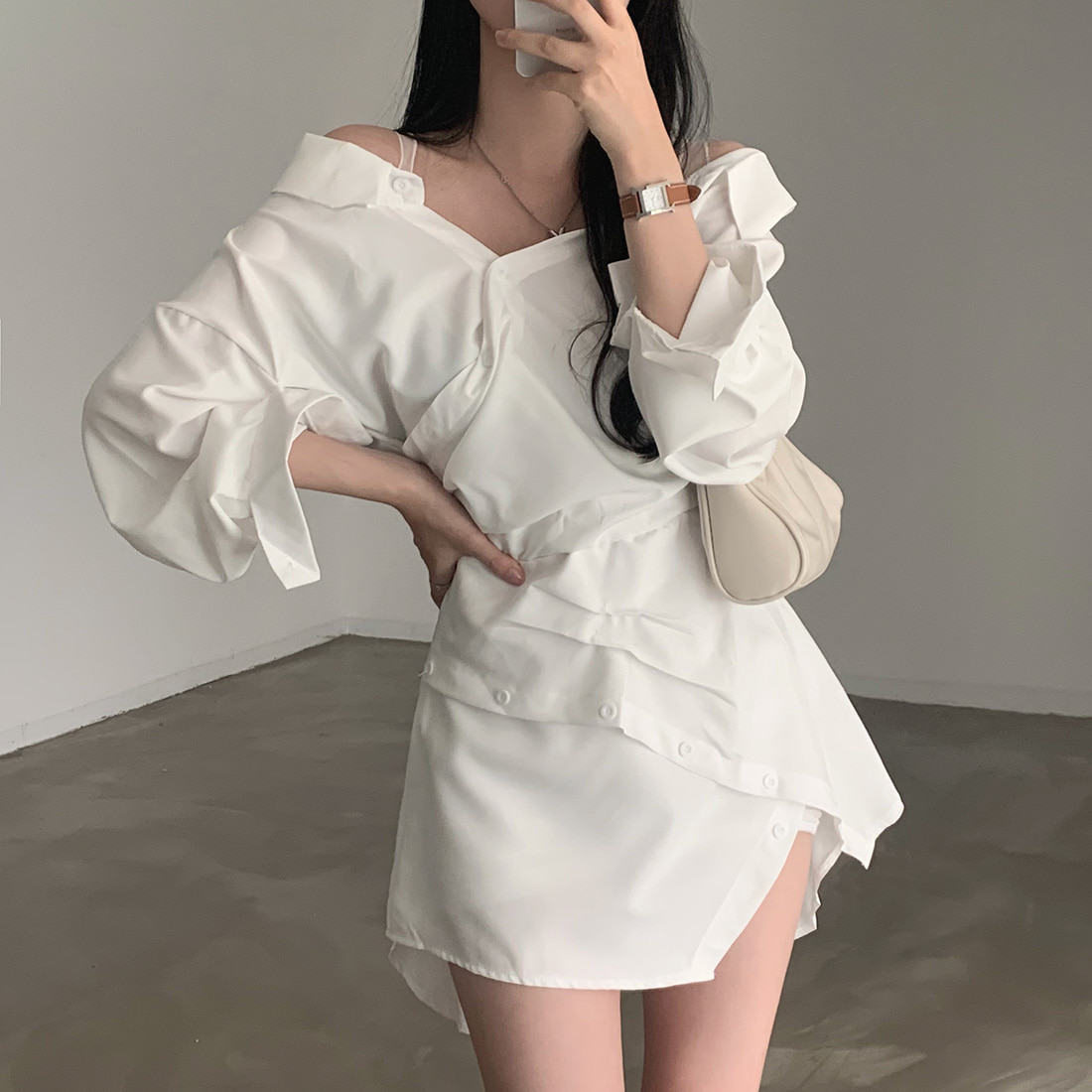 Korean chic French chic design temperament off-shoulder waist-cinching pleated irregular shirt dress