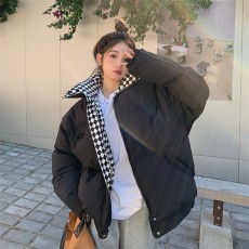 实拍棋盘格情侣装新款宽松大码慵懒风设计感加厚羽绒棉服女外套