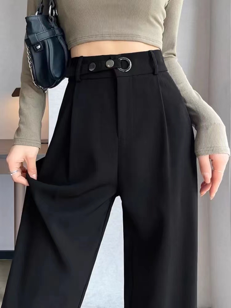 Black wide-leg pants for women, high-waisted, casual, spring and autumn 2024 new style, loose, straight, small, floor-length suit pants