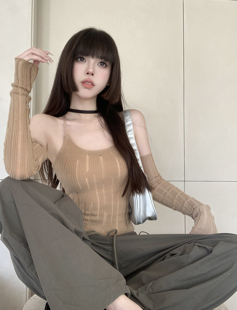 實拍 辣妹吊帶背心含袖套夏季新款美式緊身短款純欲上衣