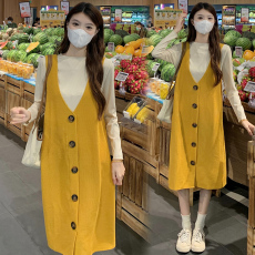 批发实拍大码女装春季新款两件套2025显瘦长袖打底+背心连衣裙套装