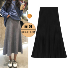 批发秋冬时尚款<b class='q'>孕妇</b><b class='q'>百褶</b>长裙孕妈<b class='q'>休闲</b>外穿高腰显瘦针织大摆半身裙