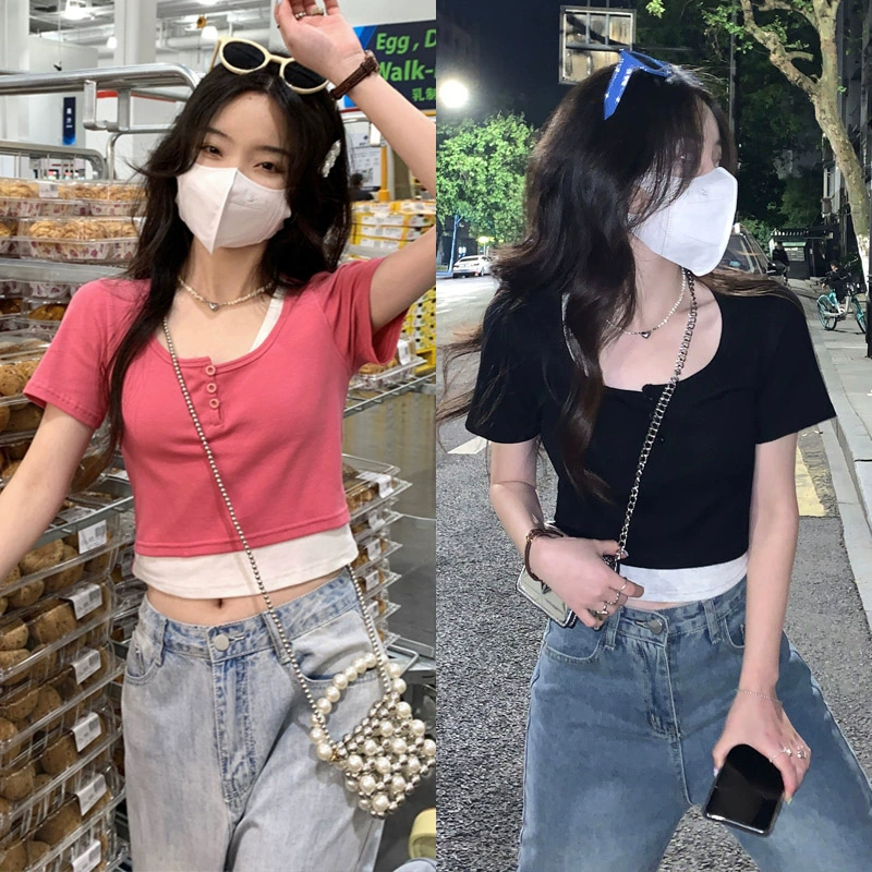 지방 mm 여름 새로운 반팔 티셔츠 여성 짧은 빅 사이즈 패치워크 페이크 레이어드 슬림해 보이는 작은 대중 맨위
