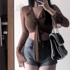 批发<b class='q'>韩国</b>外贸网纱法式辣妹长袖防晒衬衫不规则短款设计感半透视上衣