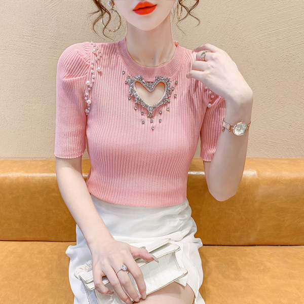 RM20541#短袖夏季新款针织修身显瘦镂空镶钻重工设计感上衣女装