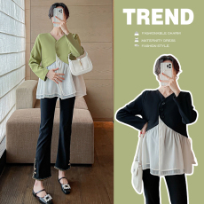 批发实拍 2026春季新款雪纺<b class='q'>衫</b>气质西装<b class='q'>上衣</b>拼接娃娃衫+托腹裤