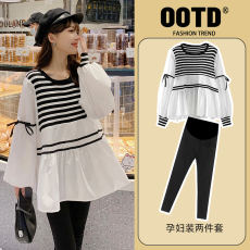 批发实拍~2023秋<b class='q'>冬</b>套装新品韩版时尚款针织条纹拼接衬衫大码上衣