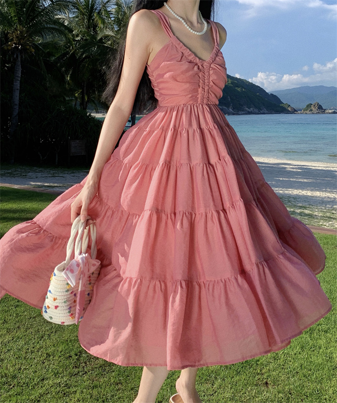 LN29943# 新款法式v领吊带绝美连衣裙女高端精致辣妹粉色裙子女夏季