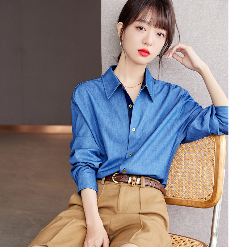 실사 프랑스식 레트로 스택 착용 파란색 여성 셔츠 가을 작은 대중 디자인 센스 루즈핏 긴팔 맨위