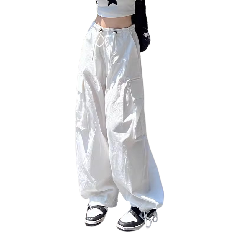 American high-waisted work pants for women, summer thin 2024 new style white drawstring quick-drying casual straight wide-leg trousers