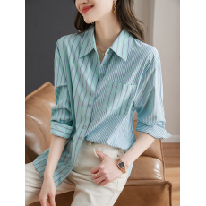 批发法式复古竖条纹衬衫女春季新款polo领<b class='q'>长袖</b>开衫气质小众百搭上衣潮