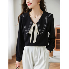 批发大码女装法式撞色气质V领小衫女2026春季微胖MM梨型身材穿搭上衣