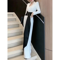批发2025高定气质<b class='q'>连体裤</b>设计白色青果领<b class='q'>长袖</b>醋酸阔腿裤配腰带