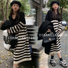 批发2025大码女装秋冬新款韩版慵懒风宽松条纹<b class='q'>长袖</b>针织<b class='q'>连衣裙</b>打底长裙