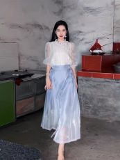 新中式汉服女2023新款日常蓝色马面裙高端混搭半身裙套装夏季薄款