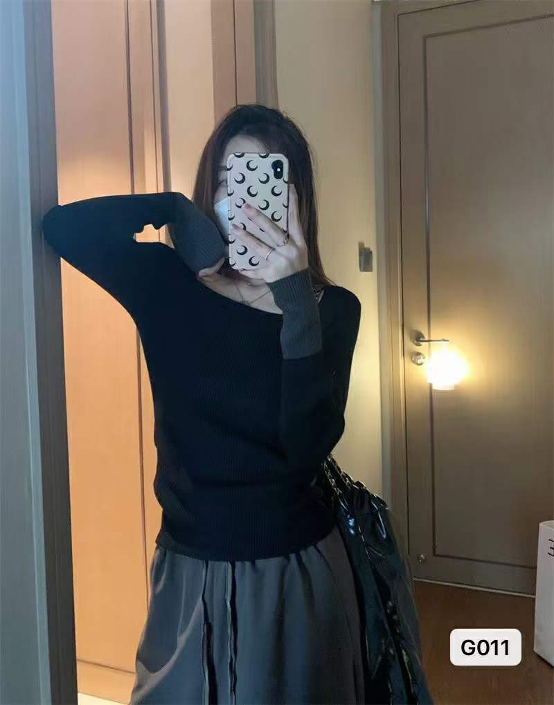 Baishui women's early autumn top square neck long-sleeved sweater bottoming shirt Korean style sweater with Western style