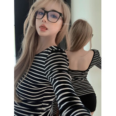 实拍实价设计感后背镂空百搭条纹长袖上衣+包臀短裙弹力半身裙