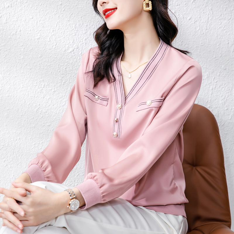 MY14135# 高端缎面V领长袖金属扣洋气百搭小香风上衣女裝貨源服裝批發