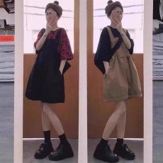 批发<b class='q'>秋装</b>新款女装微胖小个子减龄显瘦藏肉背带裤两件套夏盐系早秋套装