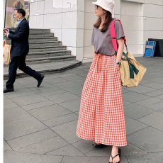 批发夏季新品2026新款格子阔腿裙裤松紧高腰显瘦百搭长裤宽松休闲裤女