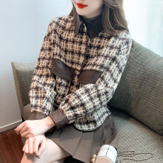 批发小香风千鸟格外套女秋冬2025新款复古拼接设计感短款宽松长袖上衣