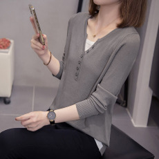 批发2025春秋新款V领拼色假两件长袖冰丝针织衫上衣<b class='q'>大码</b><b class='q'>女装</b>宽松毛衣