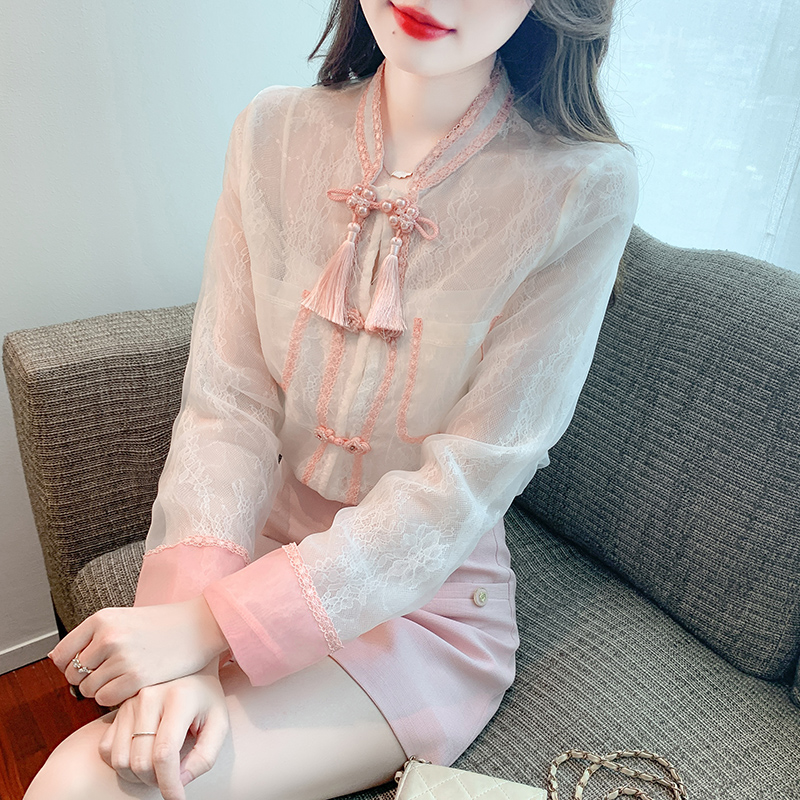 MY1087# 新款蕾丝衫/雪纺衫喇叭袖复古套头甜美半开领女裝貨源服裝批發