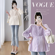 批发实拍 2025孕妇装秋季新款百搭时尚潮妈宽松小清新衬衫拼接上衣