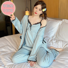 批发皱布<b class='q'>睡衣</b>女春夏季甜美吊带带胸垫长袖长裤加肥230斤三件套家居服