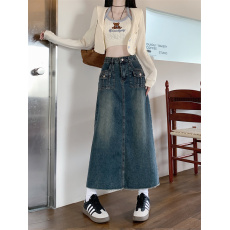 批发高腰毛边牛仔半身裙女装秋<b class='q'>冬</b>新款复古设计感小众A字长裙裙子季季