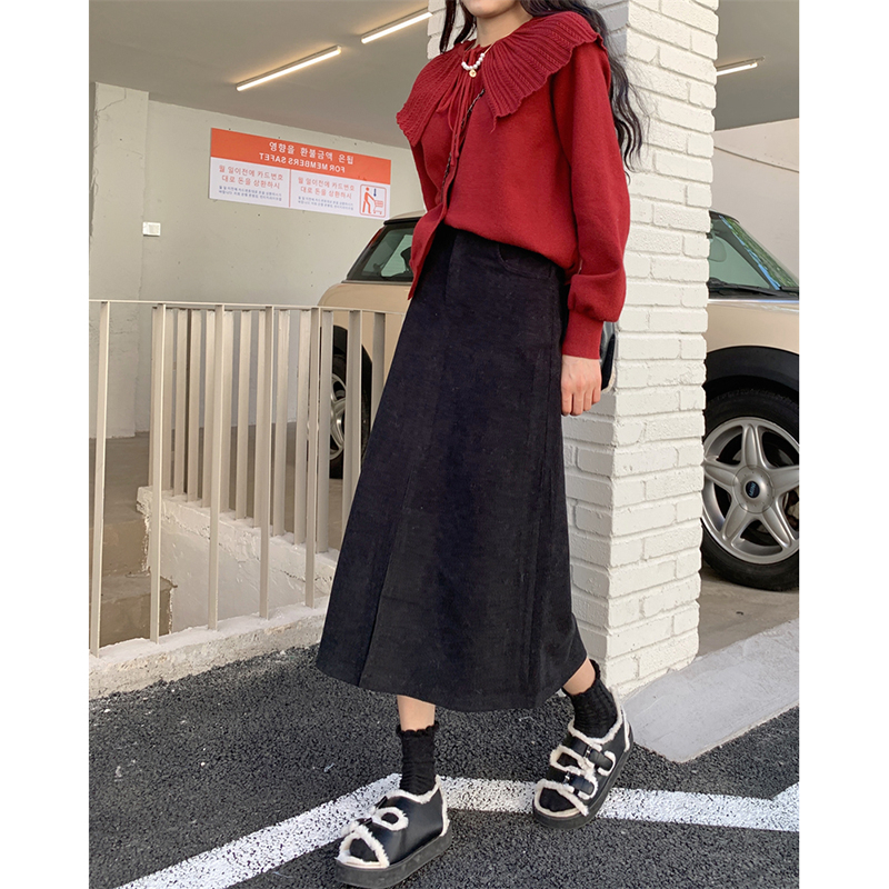 Corduroy skirt autumn  new high waist fashion a-line skirt slit with sweater mid-length skirt women's clothing