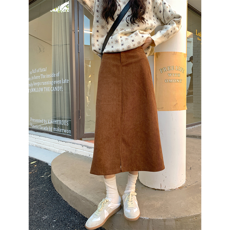 Corduroy skirt autumn  new high waist fashion a-line skirt slit with sweater mid-length skirt women's clothing