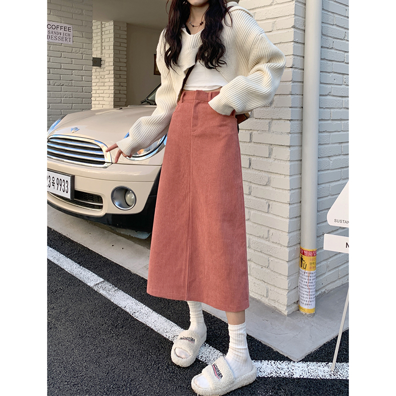 Corduroy skirt autumn  new high waist fashion a-line skirt slit with sweater mid-length skirt women's clothing