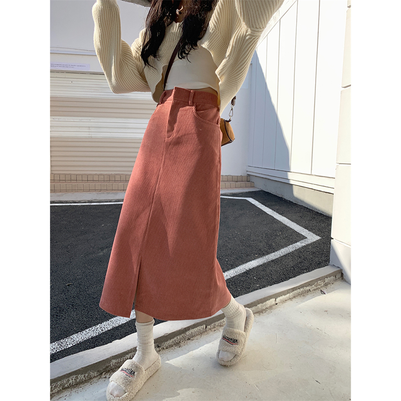 Corduroy skirt autumn  new high waist fashion a-line skirt slit with sweater mid-length skirt women's clothing