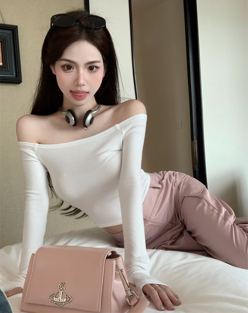 Hot girl sexy pure desire off-shoulder slim short bottoming shirt one-shoulder long-sleeved T-shirt top for women