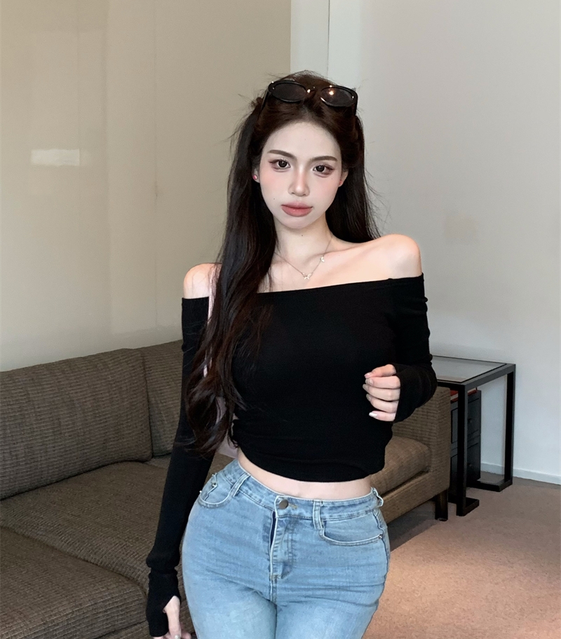 Hot girl sexy pure desire off-shoulder slim short bottoming shirt one-shoulder long-sleeved T-shirt top for women